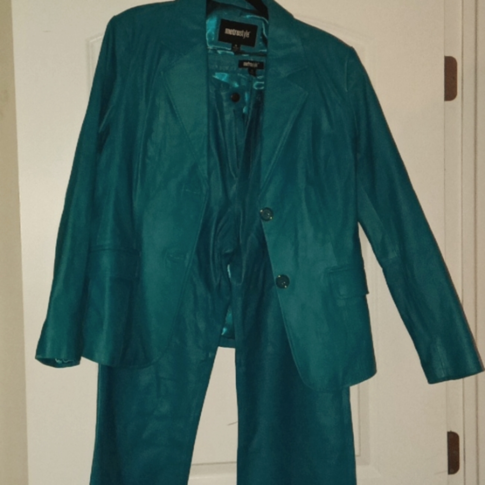 Genuine Teal Leather Pants Set